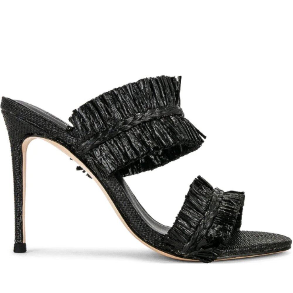House of Harlow 1960 Black Raffia Fringe Stiletto Slide Heels